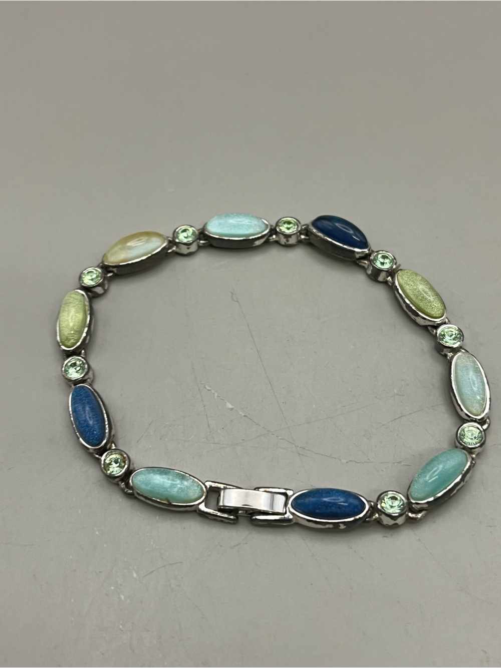 Vintage Y2K Silver Tone Pastel Enamel Tennis Bracelet Blue Green Aqua Oval cabs